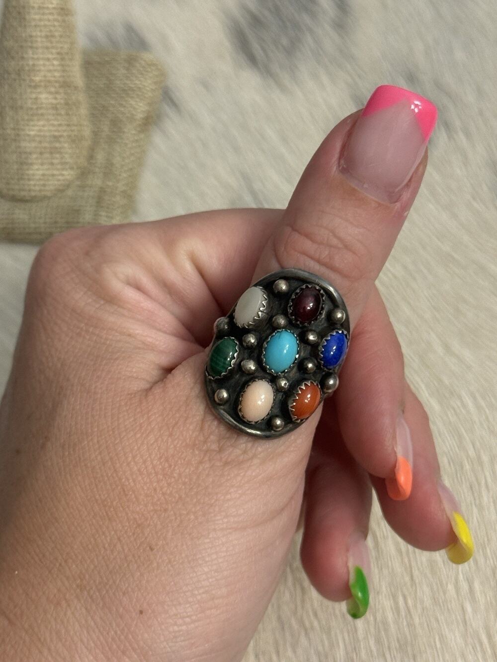 Native Sterling Silver Multistone Saddleback Ring Rita Dawes Turquoise Coral MOP